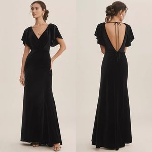 NWT Jenny Yoo BHLDN Ellis Flutter Sleeve Open Back Velvet Maxi Dress Gown Black